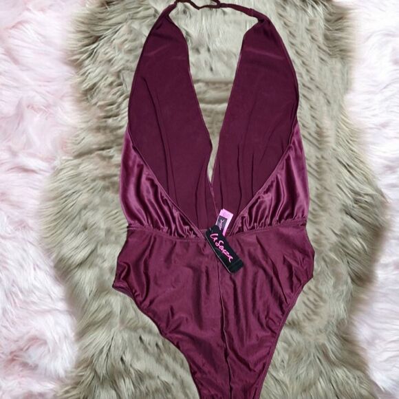 NWT La SENZA Jeweled Plunging Halter Open Back Bodysuit Wine Burgundy US… - Picture 3 of 8
